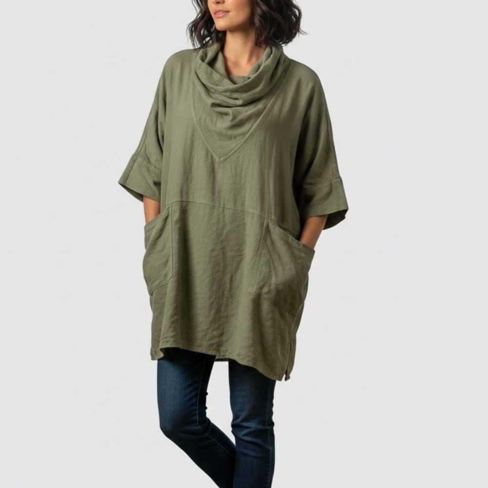 SOFT SURROUNDINGS Linen Olive Green Cowl Neck Oversized Pocket Tunic Top S/M